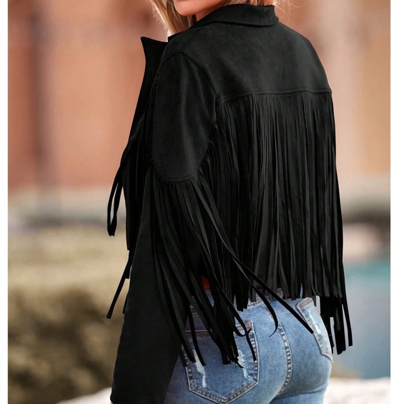 Western Vegan Suede Open Front Fringe Moto Biker Jacket - Picture 11 of 11